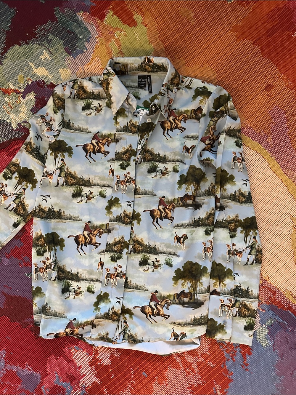 Simons Blue Equestrian Print Button-Up Blouse
